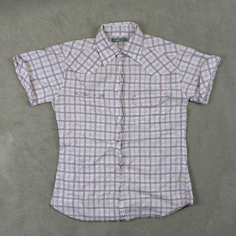 Collezione Western Shirt Mens Small Purple Plaid Y2K Graphic Back Pearl Snap S/S